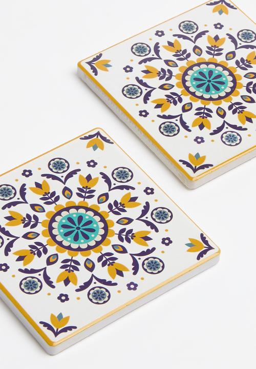 Kitchen Craft - Ceramic cork back coasters set of 4 - mustard floral