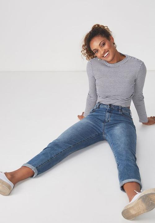 Cotton On - Mock neck chop long sleeve striped tee - white & black 