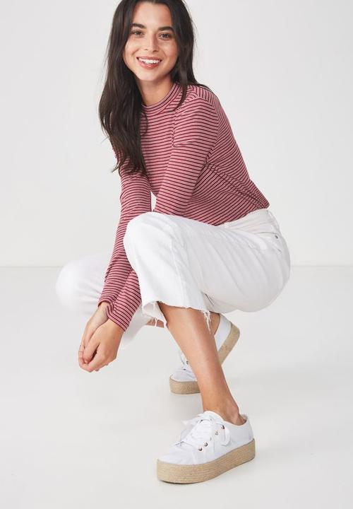 Cotton On - Mock neck chop long sleeve striped tee - burgundy & white 