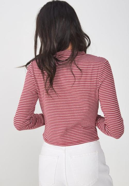 Cotton On - Mock neck chop long sleeve striped tee - burgundy & white 
