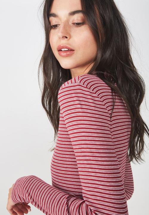 Cotton On - Mock neck chop long sleeve striped tee - burgundy & white 