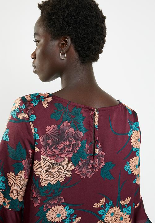 Revenge - Floral bell sleeve top - burgundy