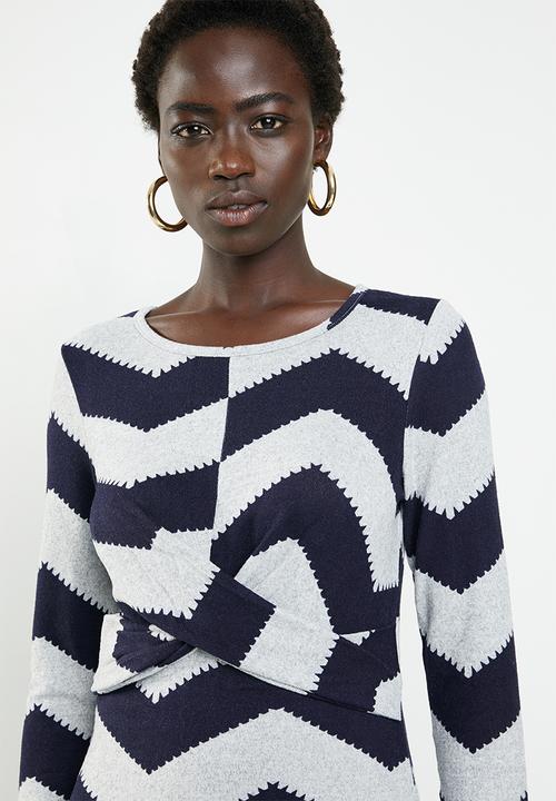 Revenge - Zig zag cross front dress - navy & grey