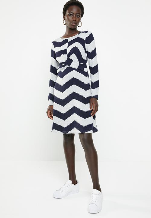 Revenge - Zig zag cross front dress - navy & grey