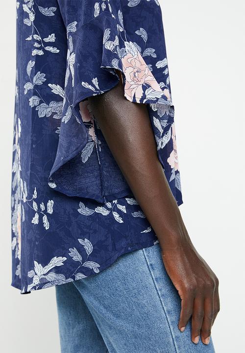 Revenge - Floral waterfall sleeve top - navy