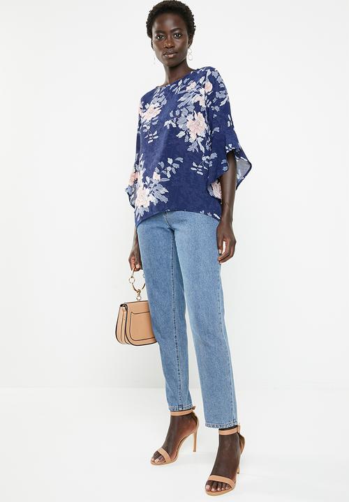 Revenge - Floral waterfall sleeve top - navy