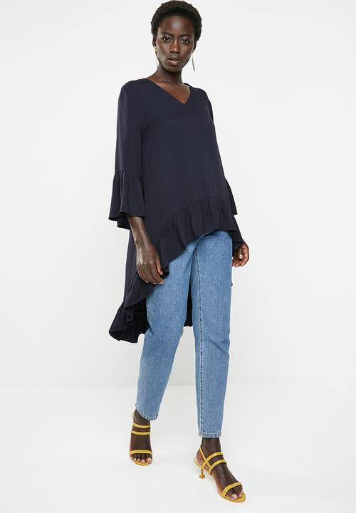Revenge - Bell sleeve dip hem top - navy