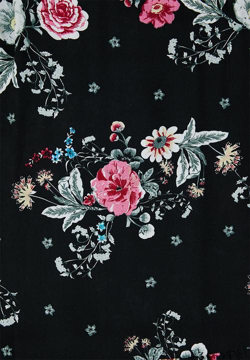 Revenge - Floral drop waist v-neck dress - black