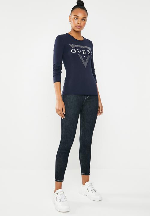 GUESS - Long sleeve bling tri T-shirt - navy