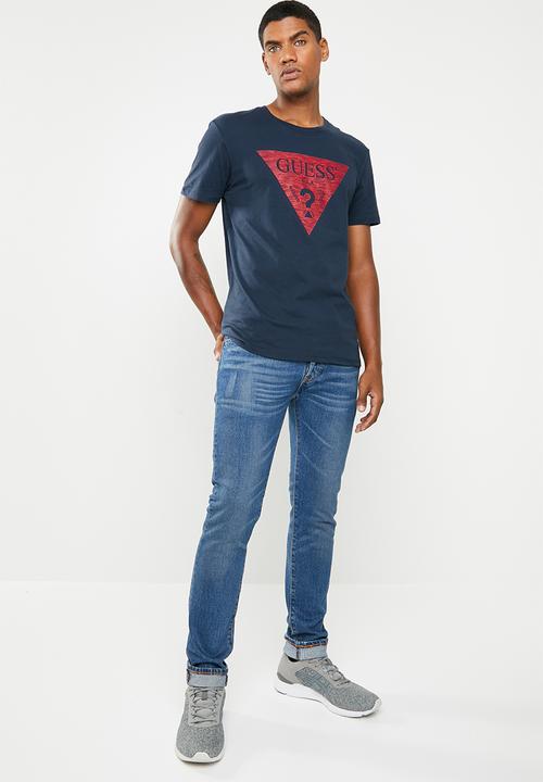 GUESS - Short sleeve basic linear logo crew tee - navy