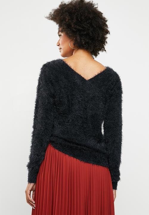 Brave Soul - Eyelash jersey with V-front and back - black