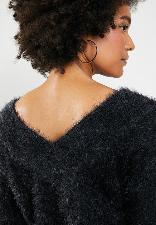 Brave Soul - Eyelash jersey with V-front and back - black