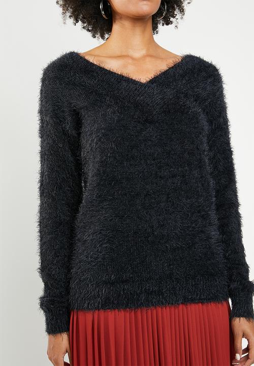 Brave Soul - Eyelash jersey with V-front and back - black