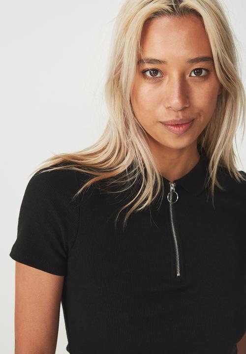 Cotton On - Nadine zip front short sleeve top - black