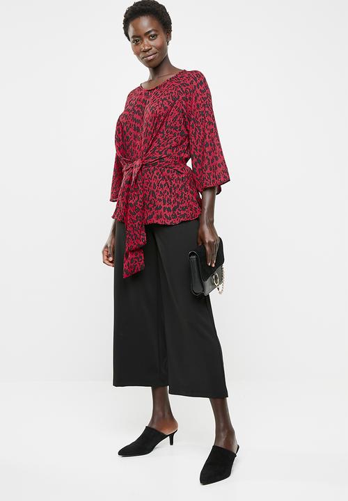 edit - Tie front blouse - red & black
