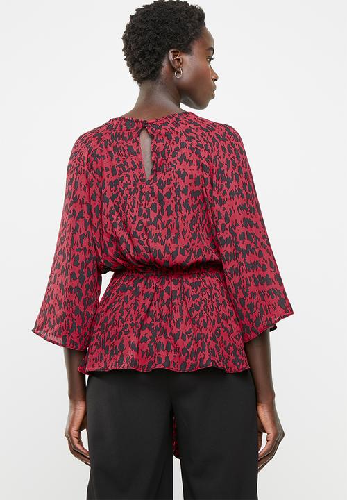 edit - Tie front blouse - red & black
