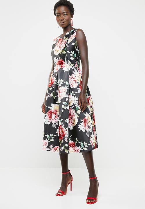 edit - Fit and flare dress with round neckline - black, pink & green