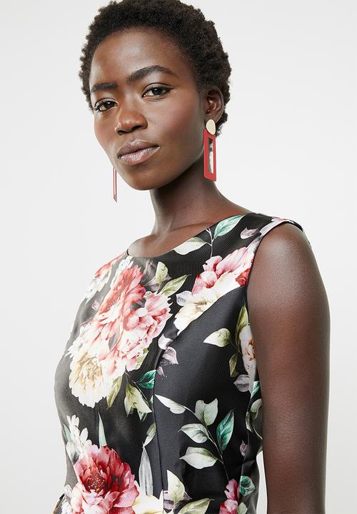 edit - Fit and flare dress with round neckline - black, pink & green