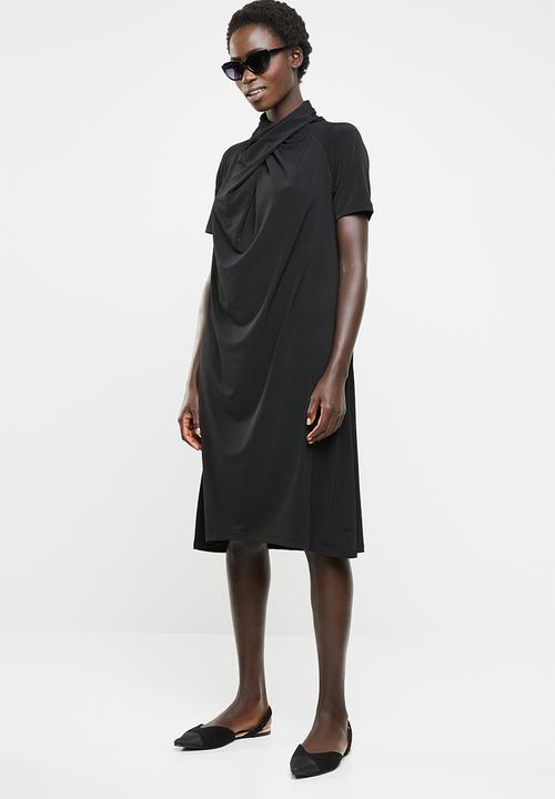 edit - Shift dress with drape neck detail - black