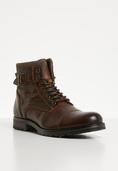Jack & Jones - Albany leather military boot - brown