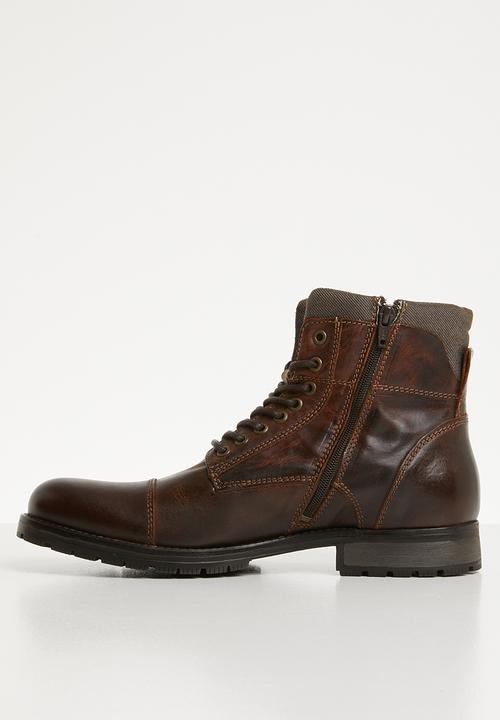 Jack & Jones - Albany leather military boot - brown
