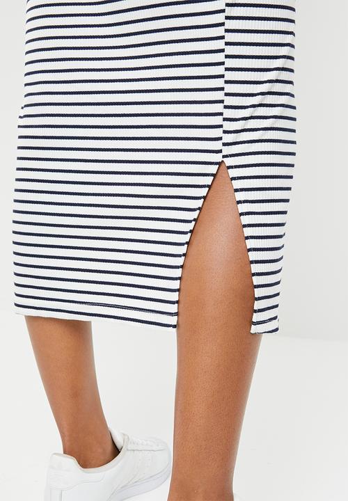 edit Maternity - Button down ribbed dress - navy & white