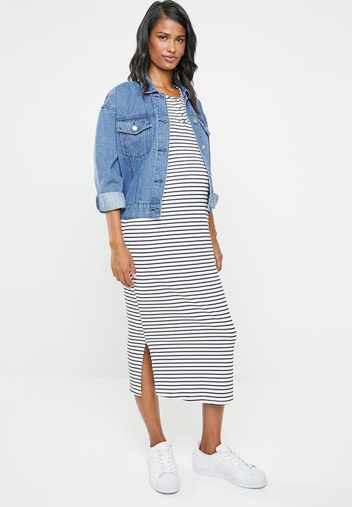 edit Maternity - Button down ribbed dress - navy & white