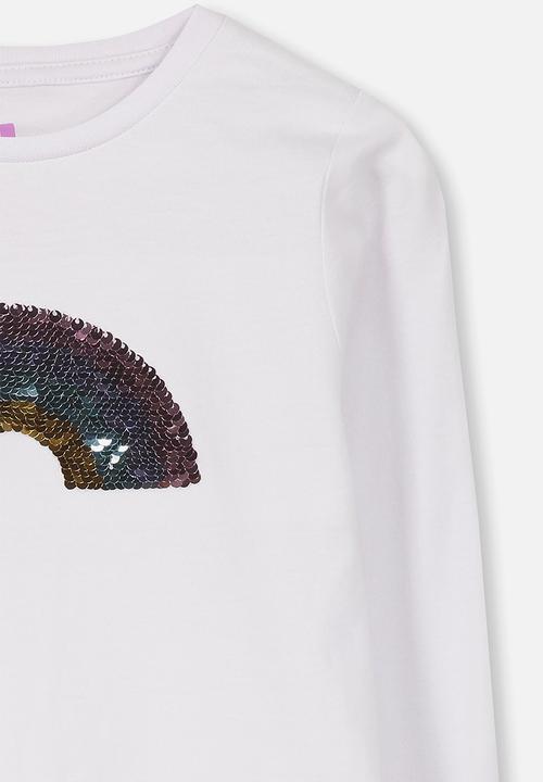 Cotton On - Anna long sleeve sequin rainbow tee - white