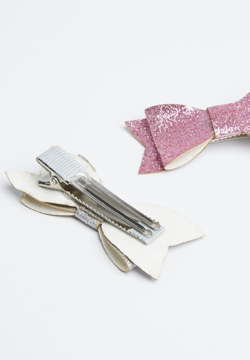 Pop Candy - Glitter bow hairclips - grey & pink