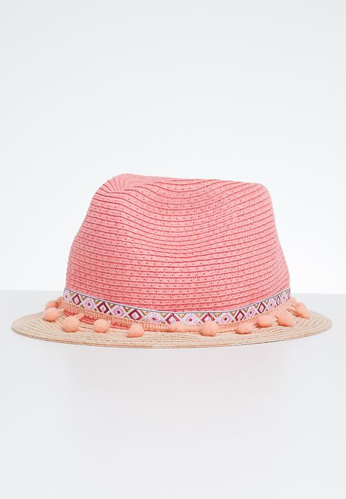 Pop Candy - Straw fedora with pom-pom detail - pink