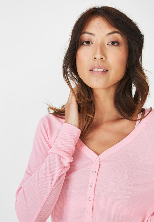 Cotton On - Rib henley long sleeve top - pink