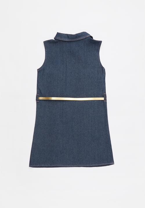 Pop Candy - Front pockets buttoned sleeveless belted shirt dress - blue