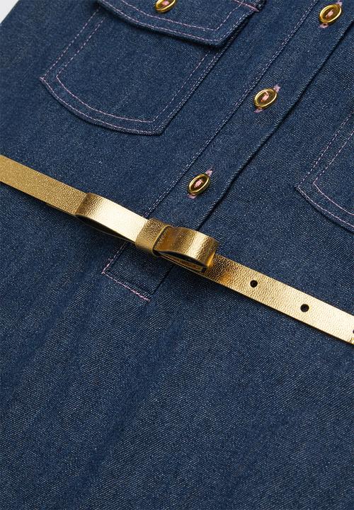 Pop Candy - Front pockets buttoned sleeveless belted shirt dress - blue