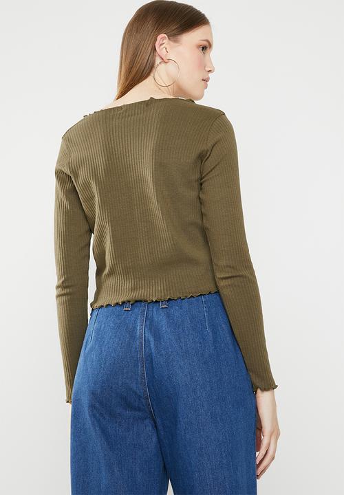 Missguided - Horn button lettuce long sleeve crop top - khaki