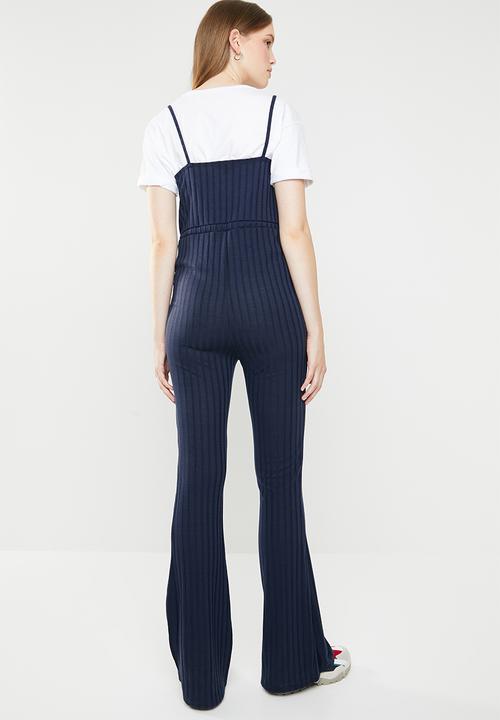 Missguided - Rib drawstring waist flare leg jumpsuit - navy
