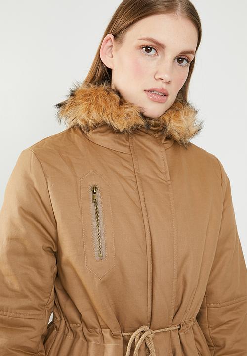 Revenge - Drawstring jacket with faux fur collar - brown