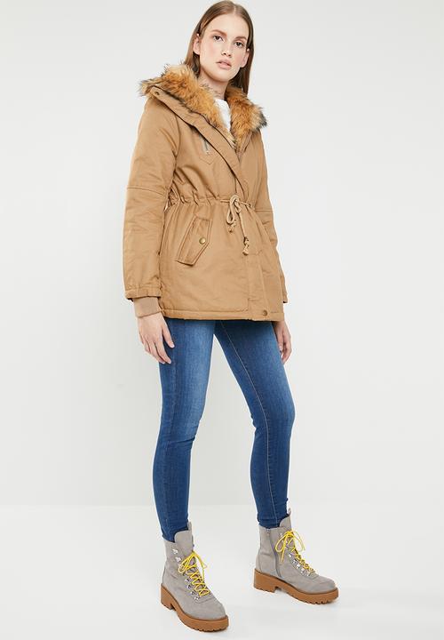 Revenge - Drawstring jacket with faux fur collar - brown
