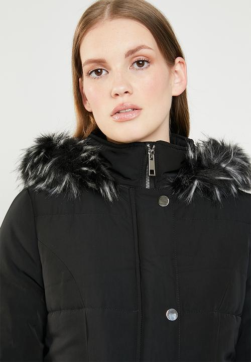 Revenge - Puffer coat with faux fur hood - black