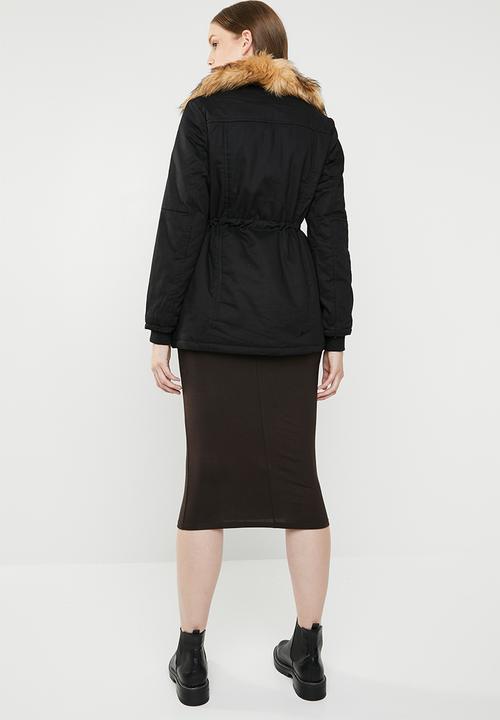 Revenge - Drawstring jacket with faux fur collar - black