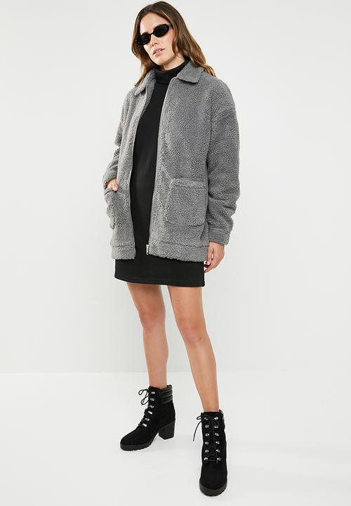 Missguided - Oversized zip through borg jacket - grey
