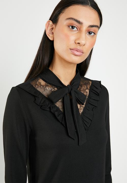 ONLY - Mojo long sleeve ruffle tie blouse - black