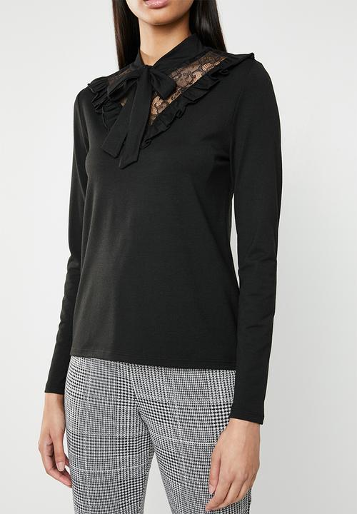 ONLY - Mojo long sleeve ruffle tie blouse - black