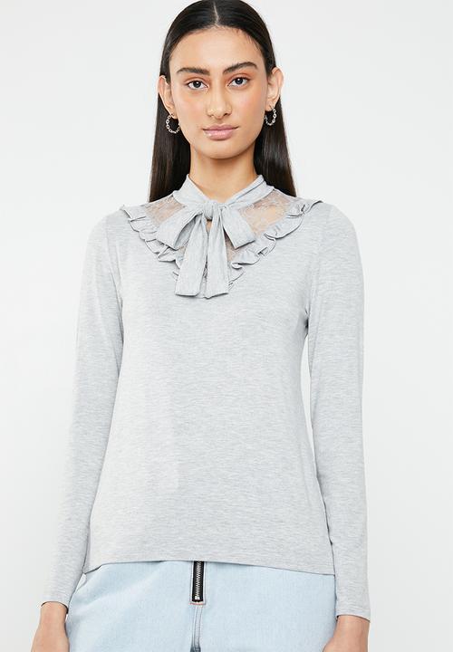 ONLY - Mojo long sleeve ruffle tie blouse - grey