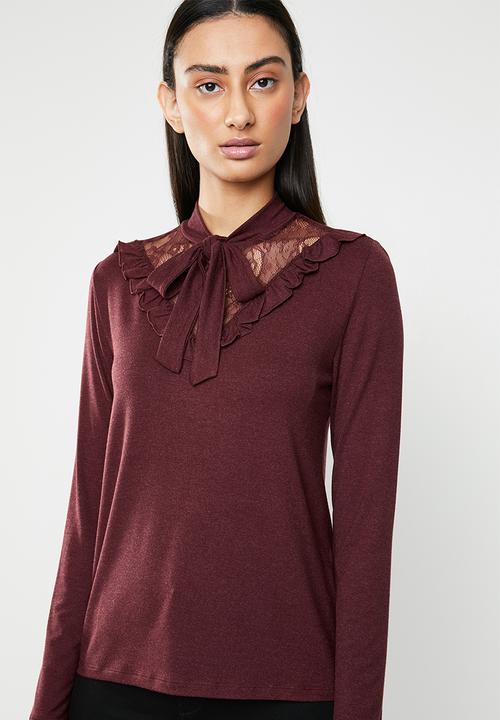 ONLY - Mojo long sleeve ruffle tie blouse - burgundy
