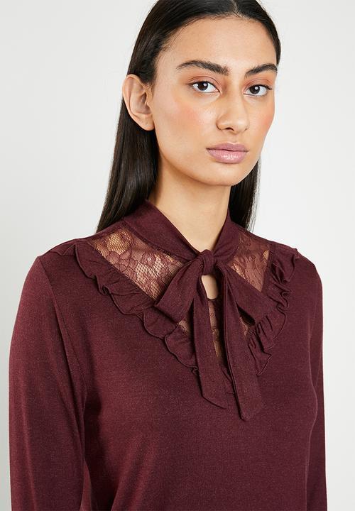 ONLY - Mojo long sleeve ruffle tie blouse - burgundy
