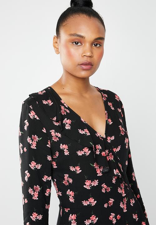 Missguided - Floral frill wrap front dress - black