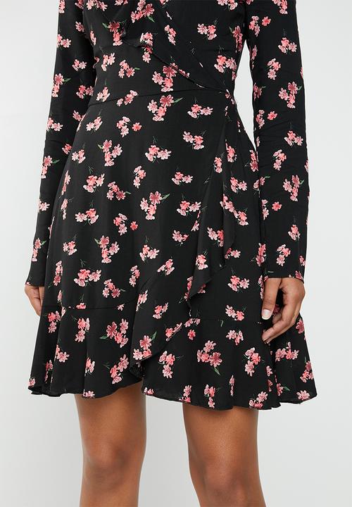 Missguided - Floral frill wrap front dress - black