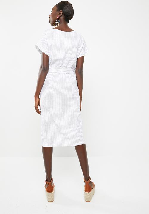 Superbalist - Stripe wrap dress with self fabric tie belt - white