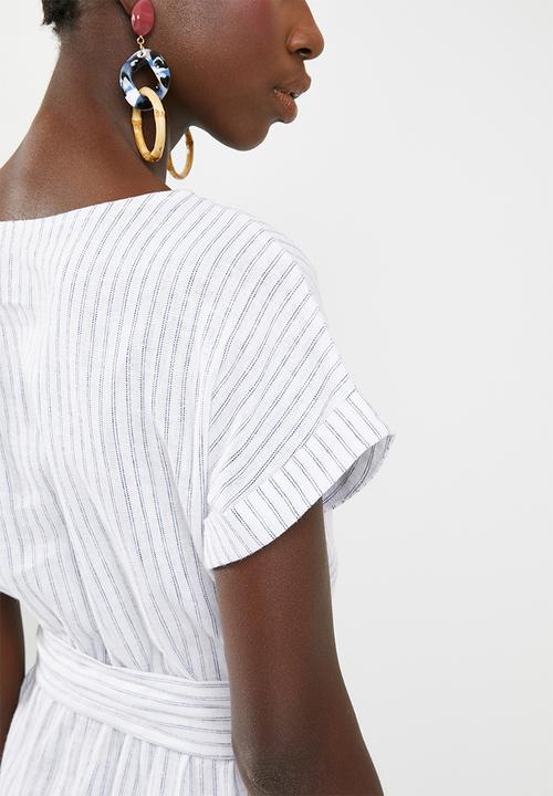 Superbalist - Stripe wrap dress with self fabric tie belt - white