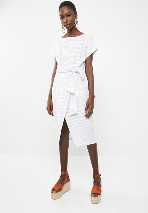 Superbalist - Stripe wrap dress with self fabric tie belt - white